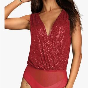 Red Sequin V-Neck Bodysuit